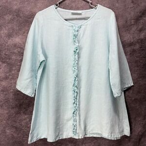 Bryn Walker Linen Tunic Top Womens S Aqua Blue Ruffle 3/4 Sleeve Boxy Lagenlook